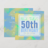 Blue Abstract pastel 50th Birthday Square Inv Kaart (Voorkant / Achterkant)