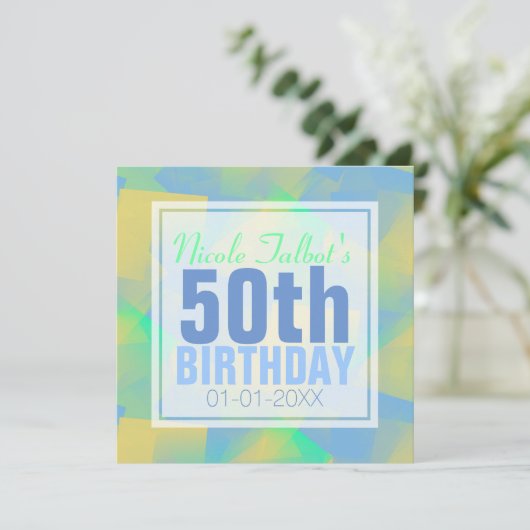 Blue Abstract pastel 50th Birthday Square Inv Kaart (Staand voorkant)
