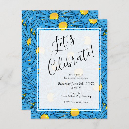 Blue Abstract Pen en Waterverf Aster Patroon Kaart (Voorkant / Achterkant)