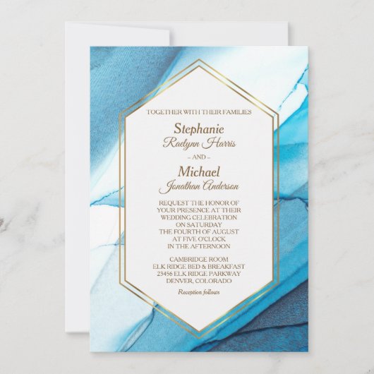 Blue Abstract Waterverf Double Gold Lijst Wedding Kaart (Voorkant)