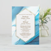Blue Abstract Waterverf Double Gold Lijst Wedding Kaart (Staand voorkant)