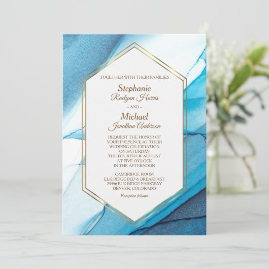 Blue Abstract Waterverf Double Gold Lijst Wedding Kaart (Staand voorkant)