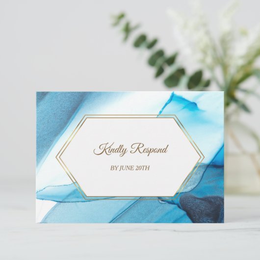 Blue Abstract Waterverf Gold Lijst Menu RSVP (Staand voorkant)