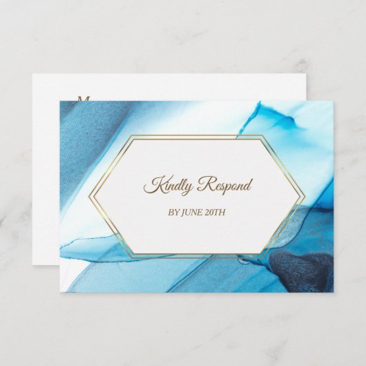 Blue Abstract Waterverf Gold Lijst Menu RSVP (Voorkant / Achterkant)