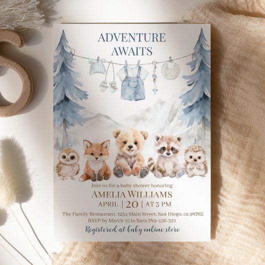 Blue Adventure Awaits Woodland Baby Shower Kaart