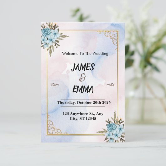 Blue Aesthetic Invitation Wedding Kaart (Staand voorkant)