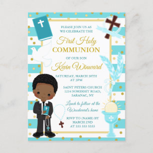 Blue African American Boy First Heilige Communie Briefkaart