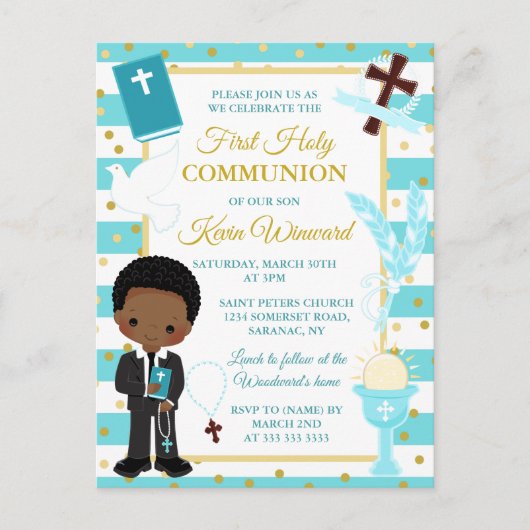 Blue African American Boy First Heilige Communie Briefkaart (Voorkant)