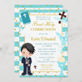 Blue African American Boy First Heilige Communie Kaart (Voorkant / Achterkant)