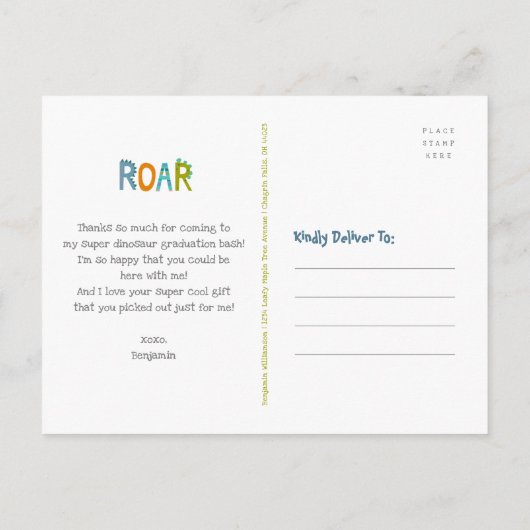 Blue Afstuderen Dinosaurs Boy Kawaii Dank je wel Briefkaart (Achterkant)