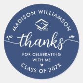 Blue Afstuderen Modern Bedankt Script Hearts Pet Ronde Sticker (Voorkant)