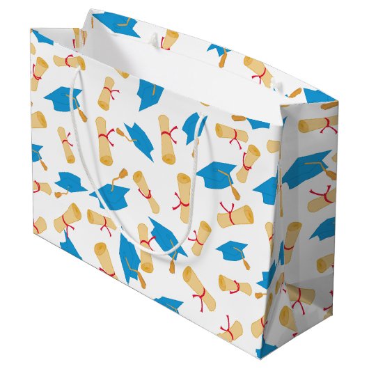 Blue Afstuderen Pet en Diploma Pattern Groot Cadeauzakje (Achterkant Gekanteld)