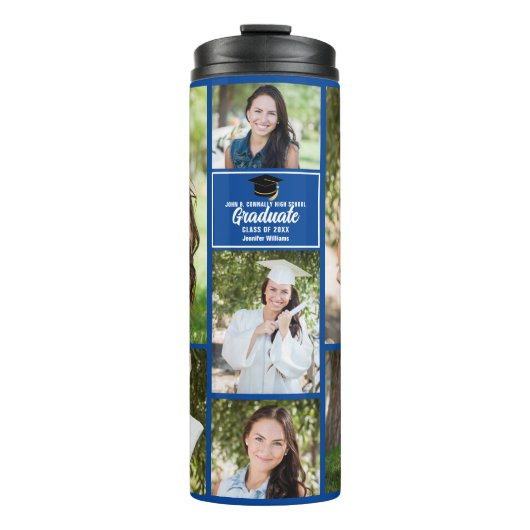 Blue Afstuderen Photo Collage Afstuderen Gift Thermosbeker (Voorkant)