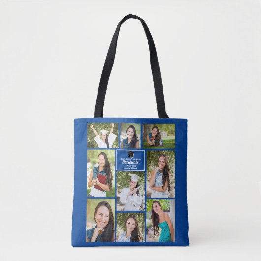 Blue Afstuderen Photo Collage Afstuderen Gift Tote Bag (Voorkant)