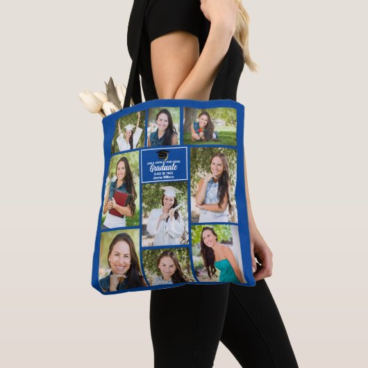 Blue Afstuderen Photo Collage Afstuderen Gift Tote Bag (Dichtbij)