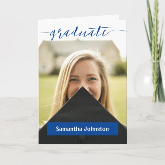 Blue Afstuderen Script Modern Photo Invitation (Voorkant)