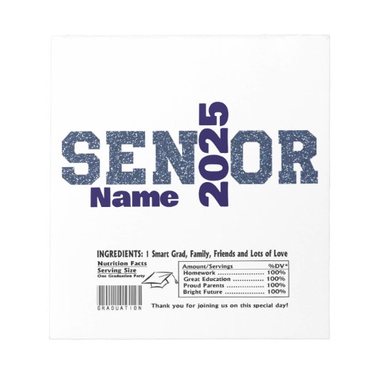Blue Afstuderen Senior Snoep Bar Wraps Party Favor Notitieblok (Voorkant)