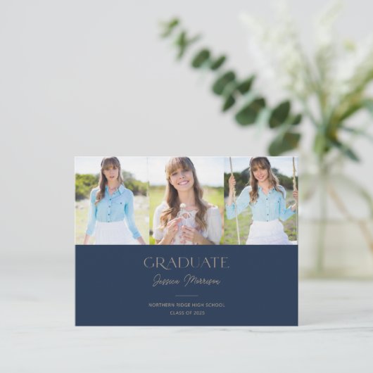 Blue Afstuderen Statement Name 3-Photo Afstuderen Briefkaart (Staand voorkant)