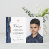 Blue Agaat Gold eerste communie dank u Bedankkaart (Staand voorkant)