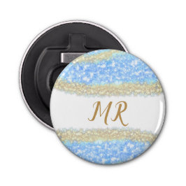 Blue Agaat Gold Glitter Sparkle Monogram Naam Teks Button Flesopener