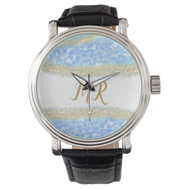 Blue Agaat Gold Glitter Sparkle Monogram Naam Teks Horloge (Voorkant)