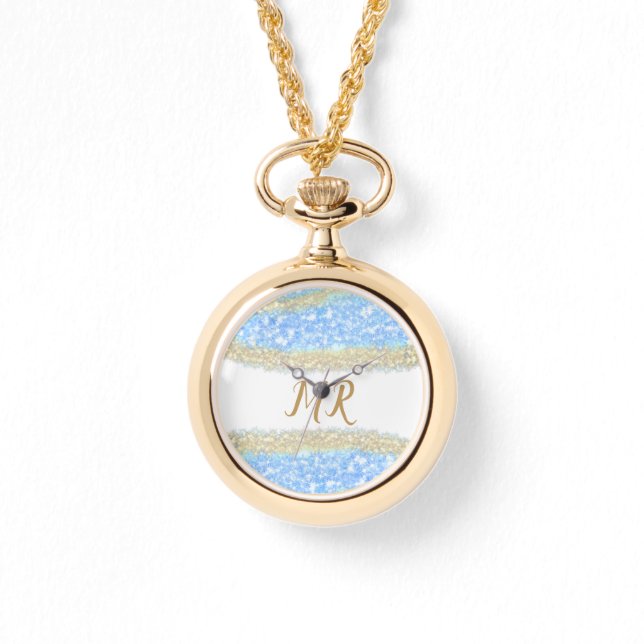 Blue Agaat Gold Glitter Sparkle Monogram Naam Teks Horloge (Voorkant)