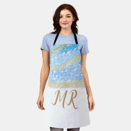 Blue Agaat Gold Glitter Sparkle Monogram Naam Teks Schort