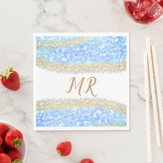 Blue Agaat Gold Glitter Sparkle Monogram Naam Teks Servet (Insitu)