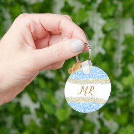 Blue Agaat Gold Glitter Sparkle Monogram Naam Teks Sleutelhanger