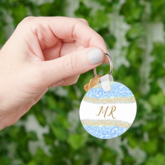 Blue Agaat Gold Glitter Sparkle Monogram Naam Teks Sleutelhanger (Hand)