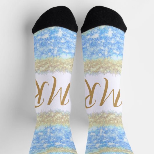 Blue Agaat Gold Glitter Sparkle Monogram Naam Teks Sokken (Top)