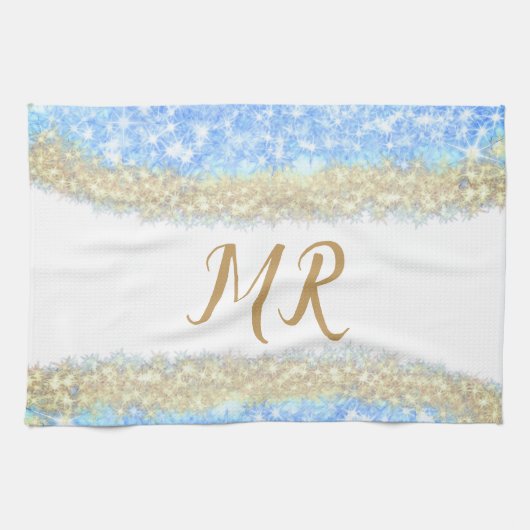 Blue Agaat Gold Glitter Sparkle Monogram Naam Teks Theedoek (Horizontaal)