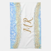 Blue Agaat Gold Glitter Sparkle Monogram Naam Teks Theedoek (Verticaal)