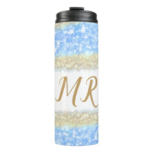 Blue Agaat Gold Glitter Sparkle Monogram Naam Teks Thermosbeker (Voorkant)