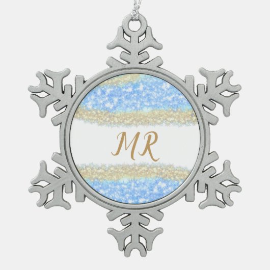 Blue Agaat Gold Glitter Sparkle Monogram Naam Teks Tin Sneeuwvlok Ornament (Voorkant)