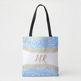 Blue Agaat Gold Glitter Sparkle Monogram Naam Teks Tote Bag