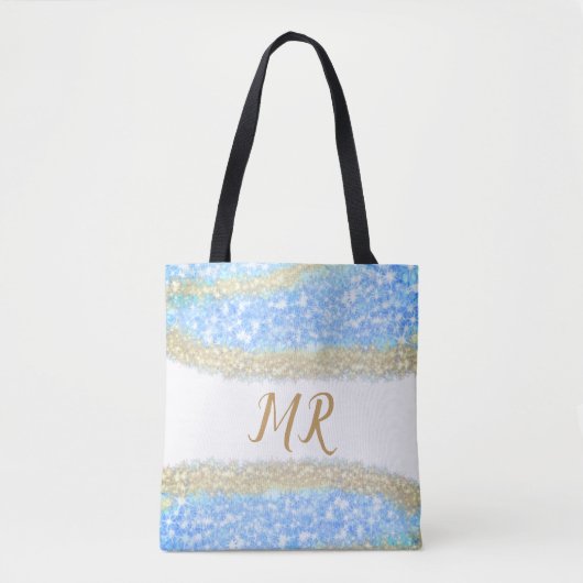 Blue Agaat Gold Glitter Sparkle Monogram Naam Teks Tote Bag (Voorkant)