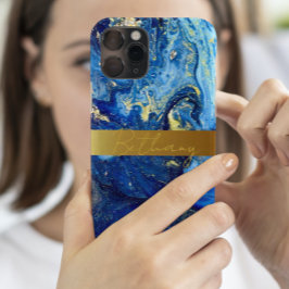 Blue Agaat Mable Stone & Gold Jouw namen toevoegen iPhone 15 Case
