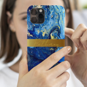 Blue Agaat Mable Stone & Gold Jouw namen toevoegen iPhone 15 Case