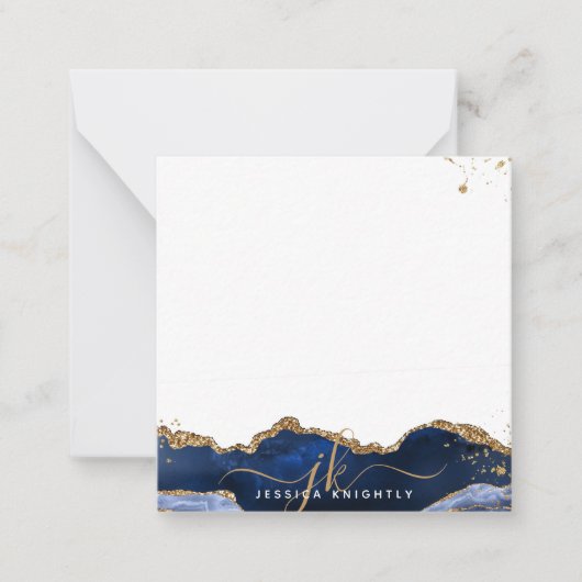 Blue Agate Elegant Script Monogram Gold Glitter Notitiekaartje (Voorkant)