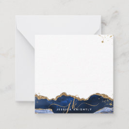 Blue Agate Elegant Script Monogram Gold Glitter Notitiekaartje