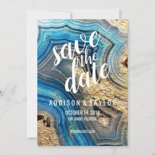 Blue agate geode aqua save the date gouden folie k (Voorkant)