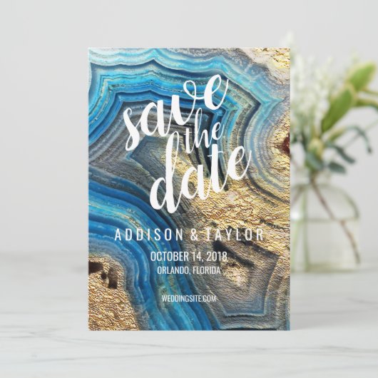 Blue agate geode aqua save the date gouden folie k (Staand voorkant)