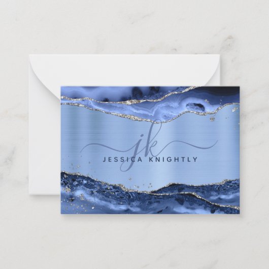 Blue Agate Geode Metallic Glitter Script Monogram Notitiekaartje (Voorkant)
