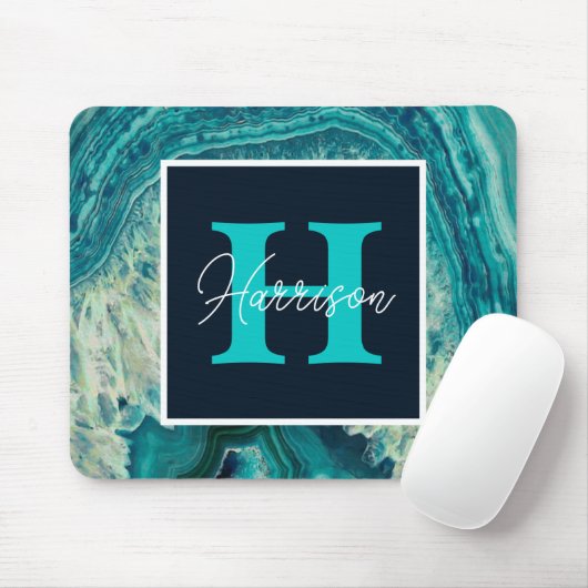 Blue Agate Geode Monogram Simple Modern Muismat (Met muis)