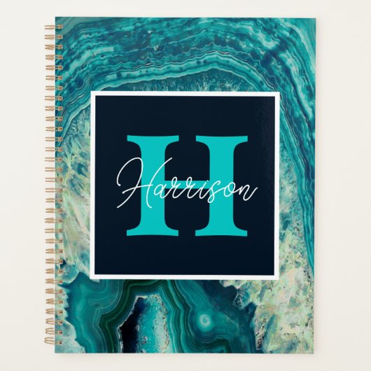 Blue Agate Geode Monogram Simple Modern Planner (Voorkant)
