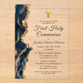 Blue Agate Gold Eerste Heilige Communie Jongen Acryl Uitnodigingen (Voorkant)