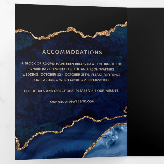 Blue Agate Gold Glitter 3 in 1 Photo Wedding Drieluik Uitnodiging (Binnenzijde eerst)