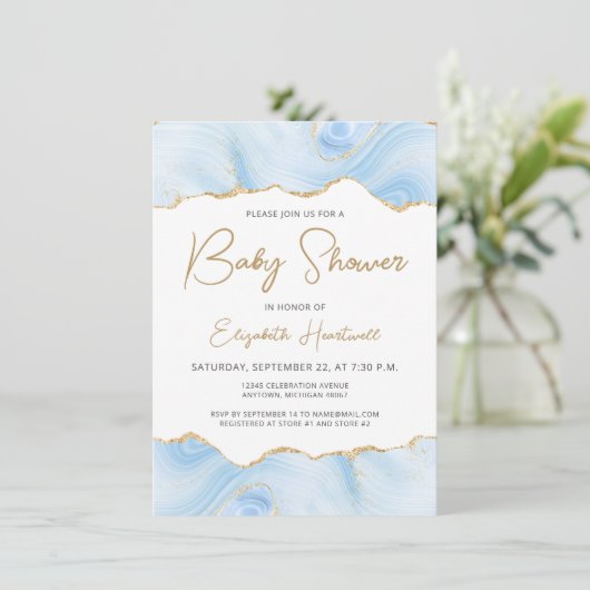 Blue Agate Gold Glitter Boy Baby shower Invitation (Staand voorkant)