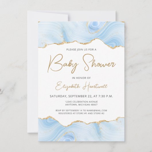Blue Agate Gold Glitter Boy Baby shower Invitation (Voorkant)